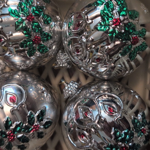 Silver Holiday Ornaments with Holly Design - Picture 2 of 3